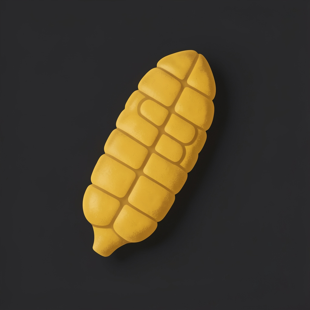 A stylized corn cob icon in warm golden-yellow tones against a dark background, simple and playful.